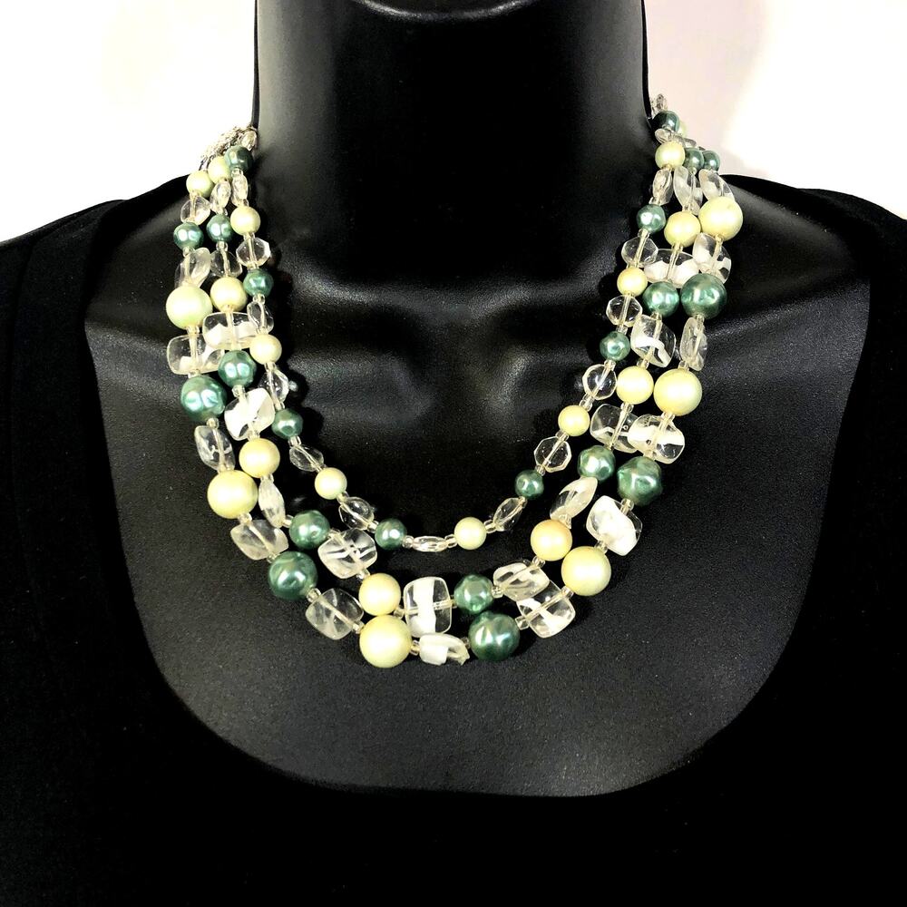 Green, Clear White Triple Strand Vintage Necklace Faux Pearl MCM Retro